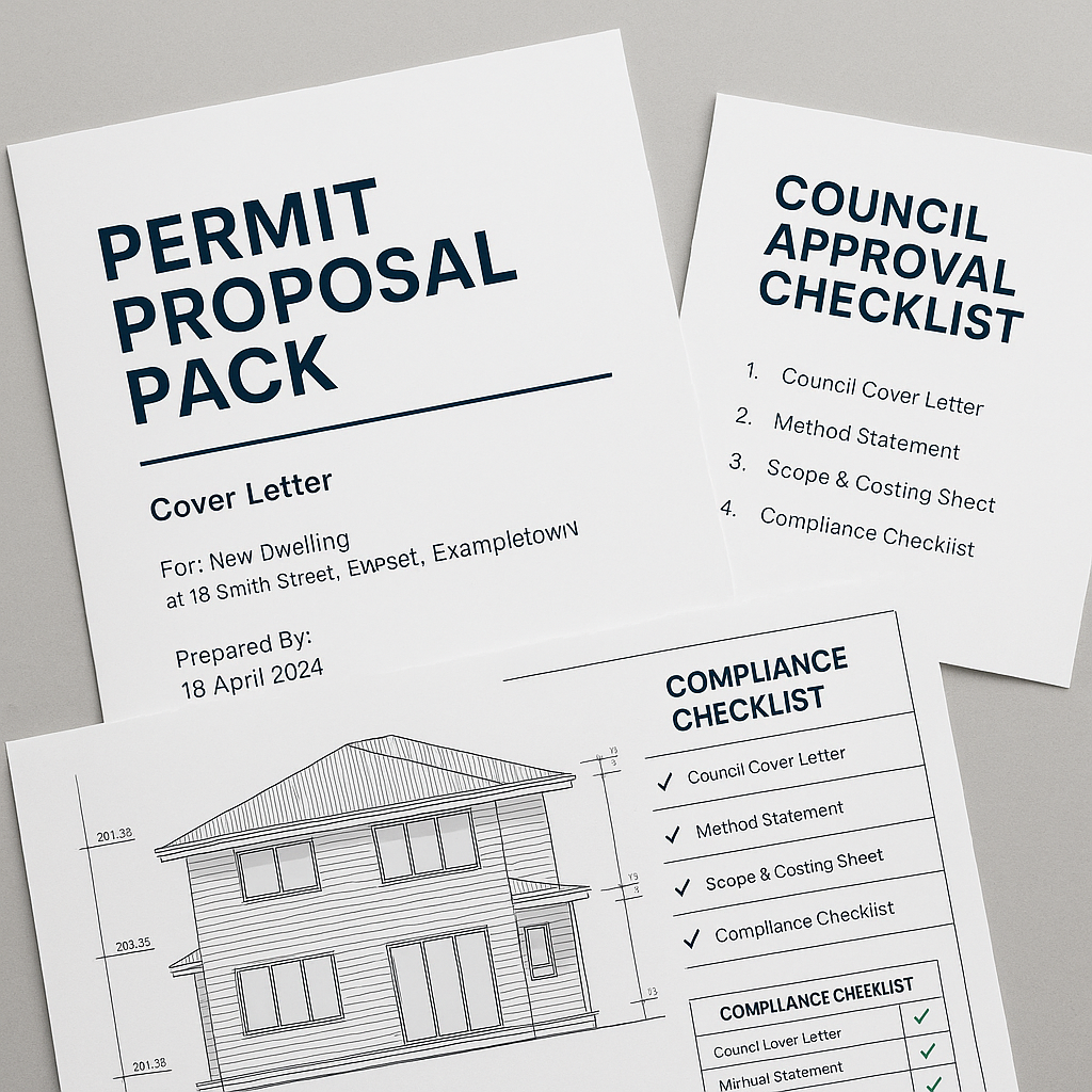 Permit proposal pack example for Australian council approval showing engineering drawing, checklist and cover letter